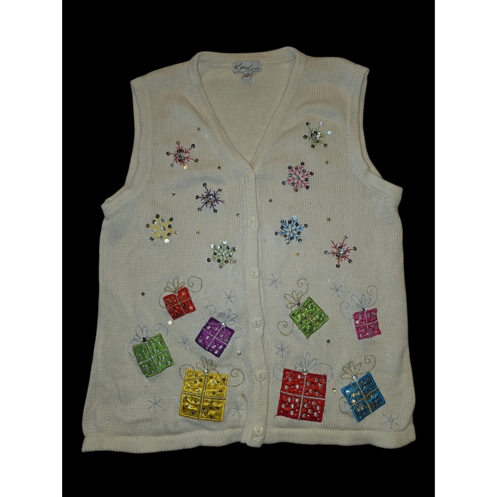Kim Rogers Christmas Sweater Vest Womens M Beaded Sequin Holiday Gifts